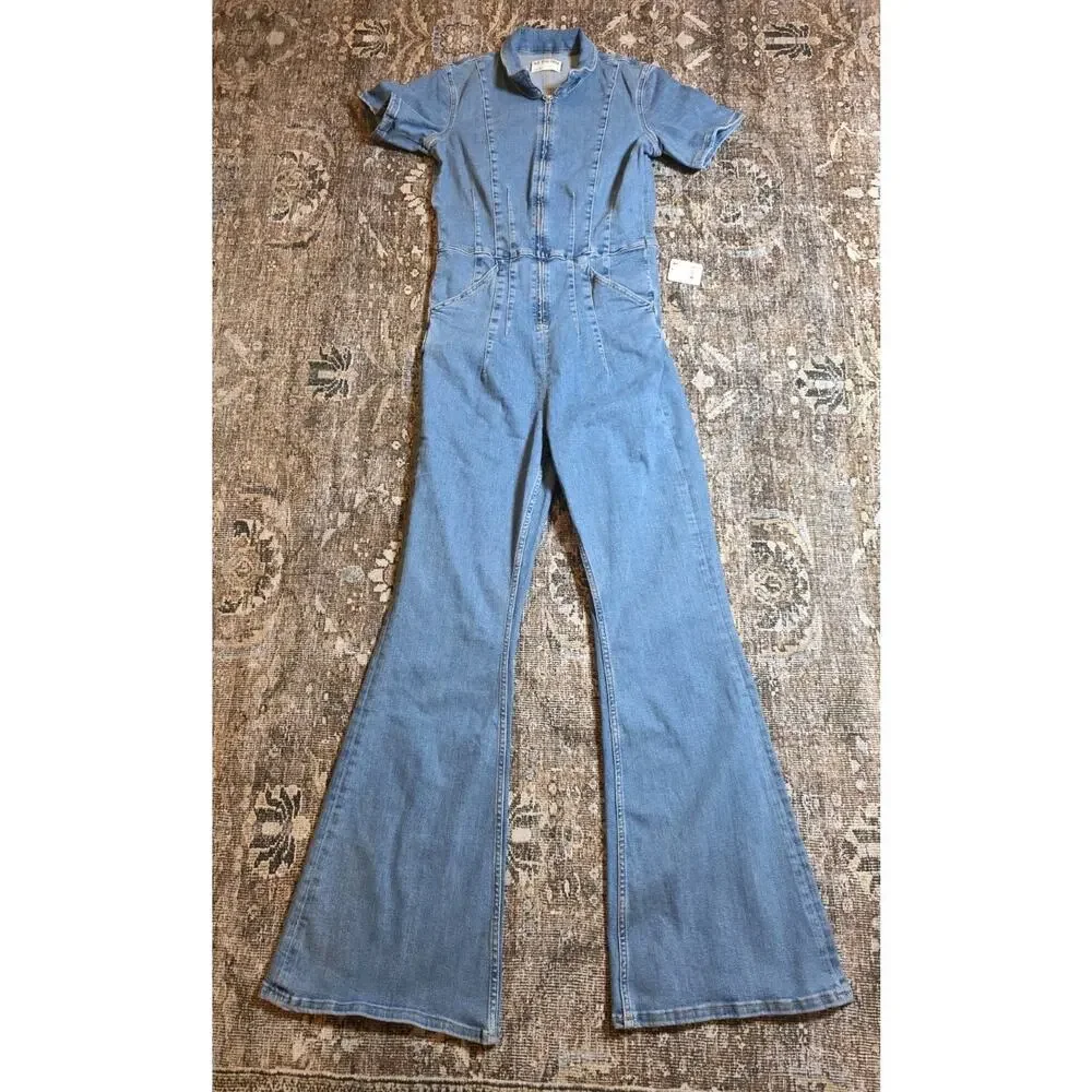 Free People We The Free Jayde Denim Jumpsuit Sunburst Blue Bell Flare L NWT